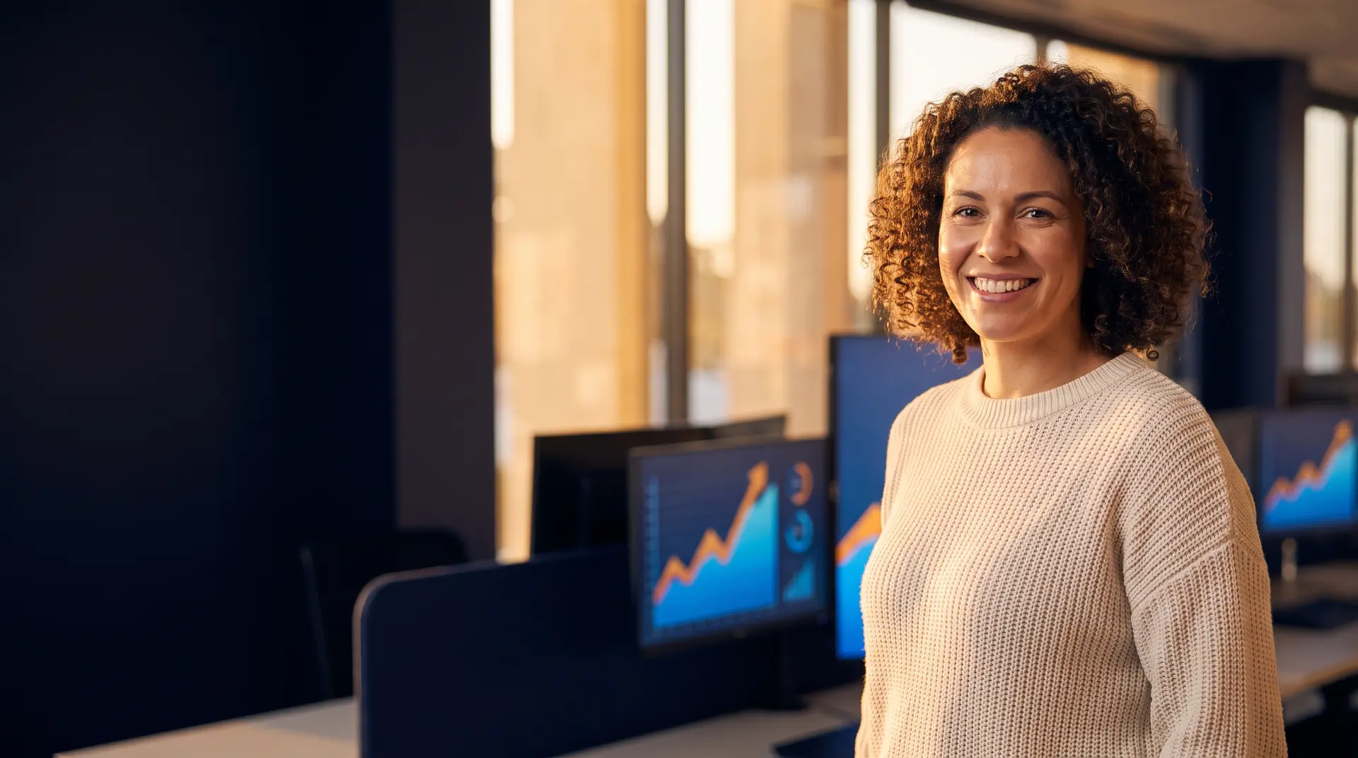 A confident Hobart marketing professional smiling in a modern office, with Google Ads performance graphs on the screens behind her at golden hour